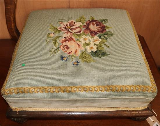 A Victorian square footstool with floral tapestry top W.40.5cm